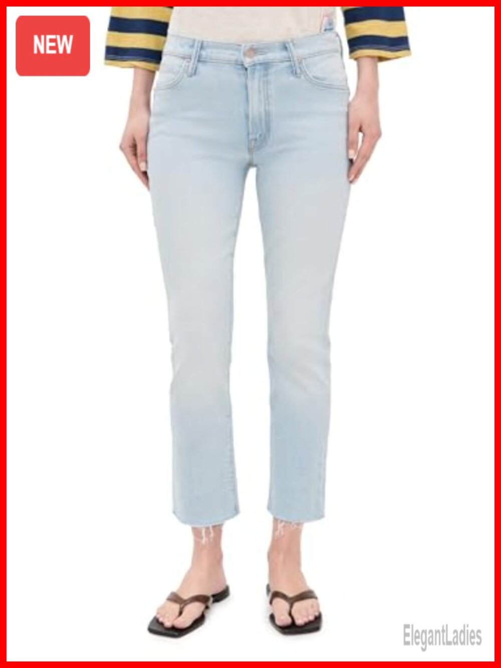 Lightweight Low-Stretch Distressed Mid-Rise Straight Jeans Flood Fray